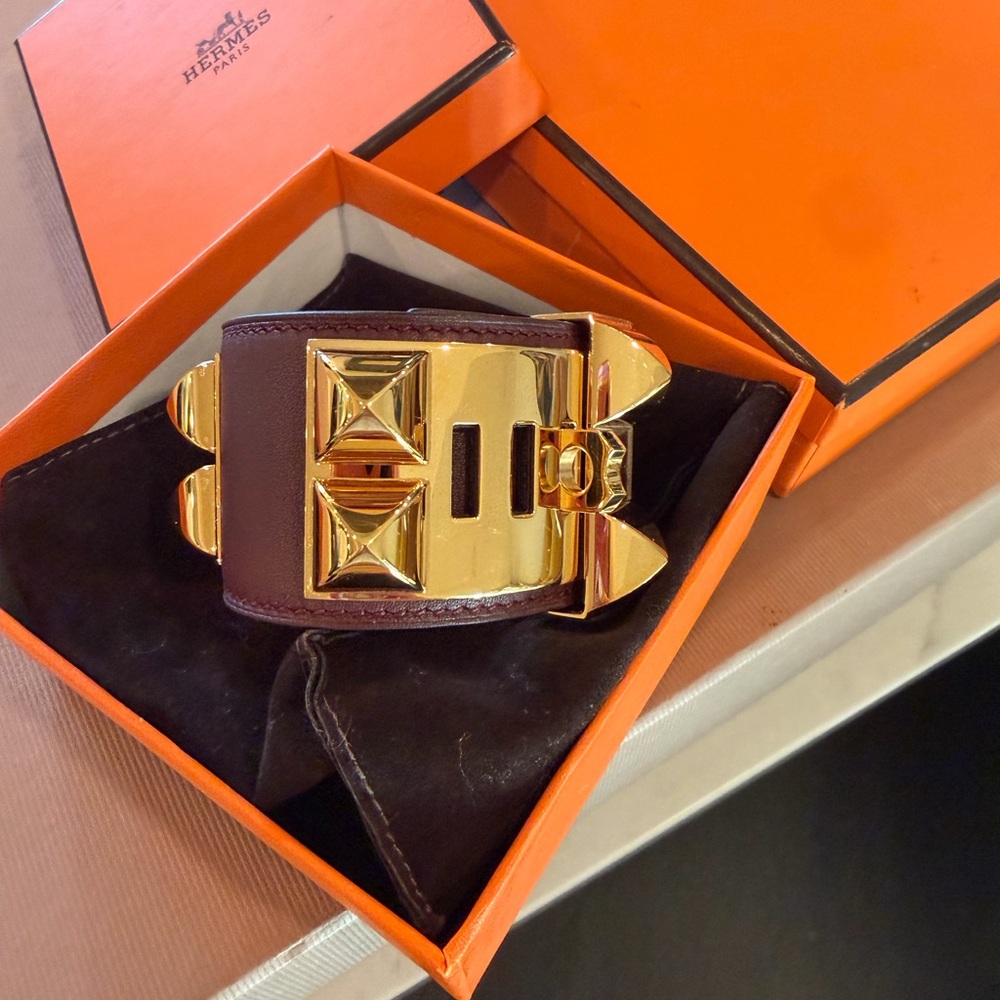 Hermes Gold-Tone Pyramid-Stud Brown Leather Cuff Bracelet